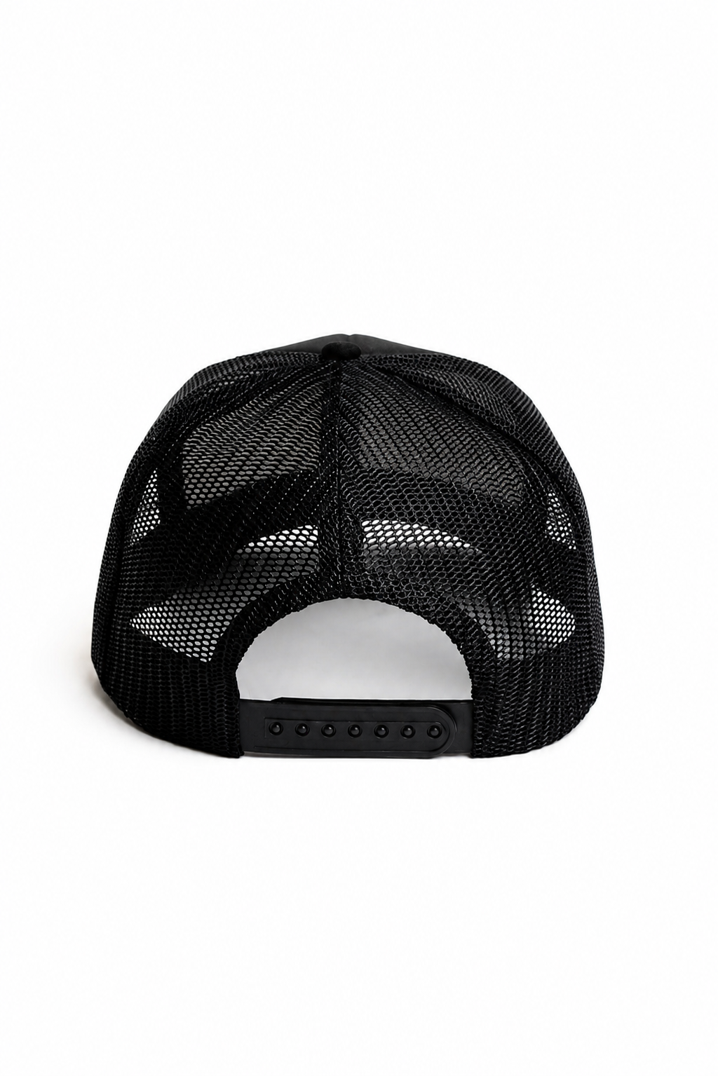 Rear view of black trucker hat with mesh back and adjustable snap closure