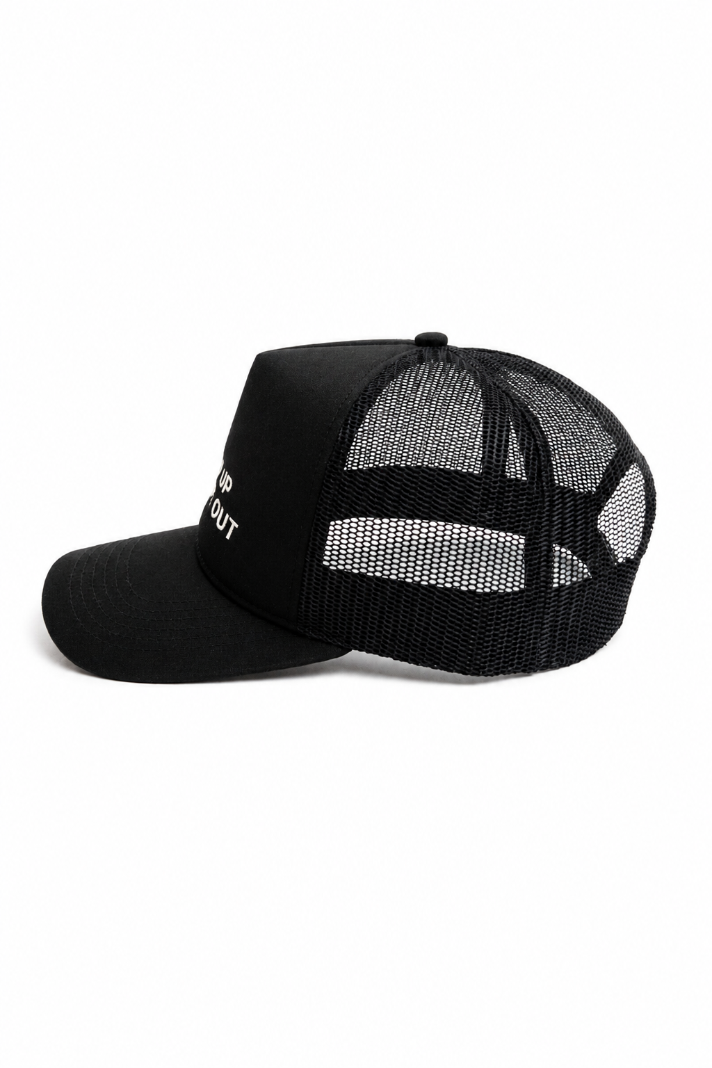 Side profile of black trucker hat showing breathable mesh